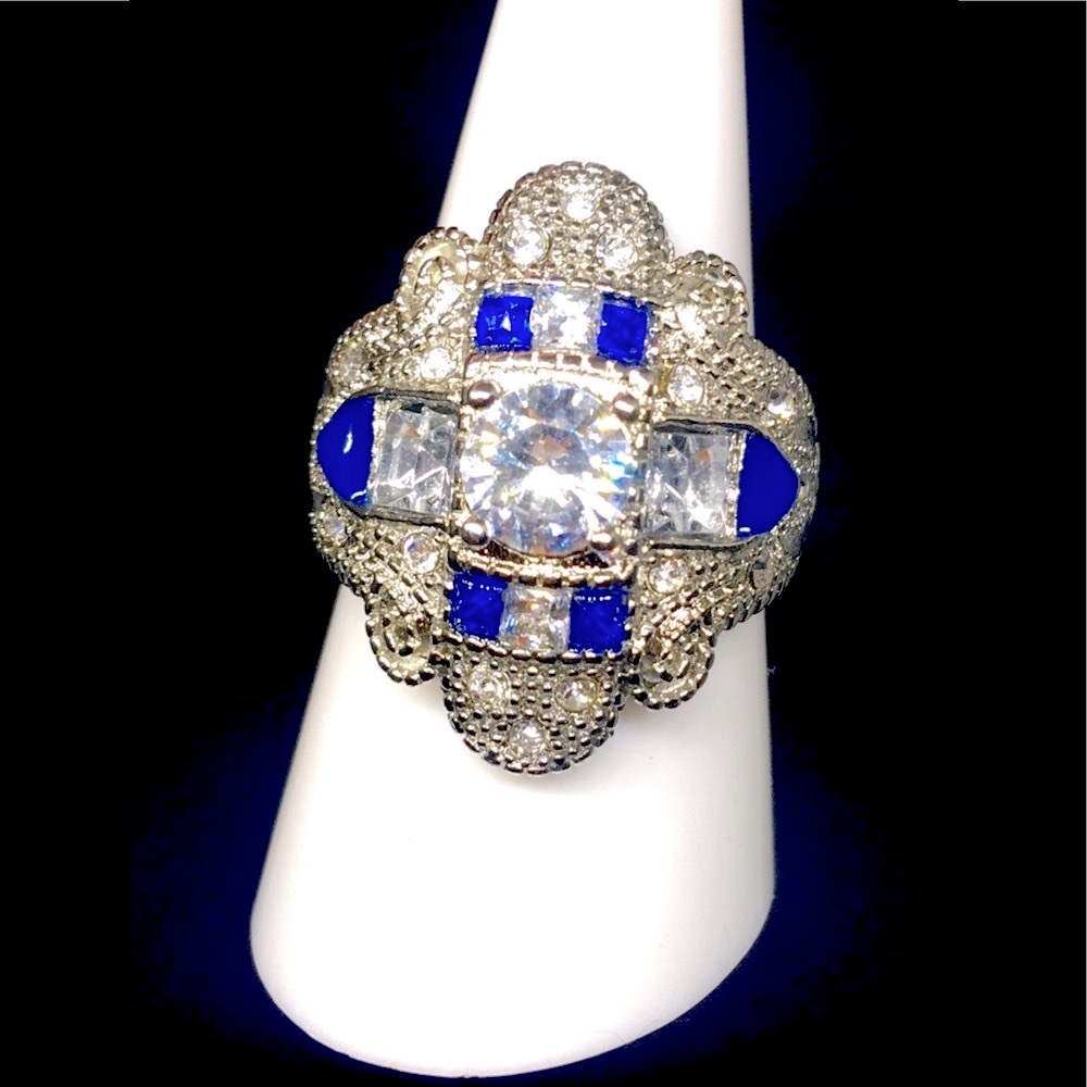 Art Deco Beautiful Vintage Style Blue & White Sapphire Stamped Ring
